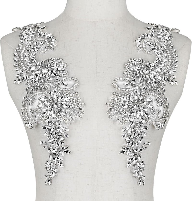 Aphlos Handcrafted Rhinestone Beaded Appliqué Patches 1 Pair, Versatile for Evening Dresses, Bridal Gowns, Dance Costumes, Adds Sparkle to Garments, Easy to Attach Suitable for Sewing & Gluing - Image 1